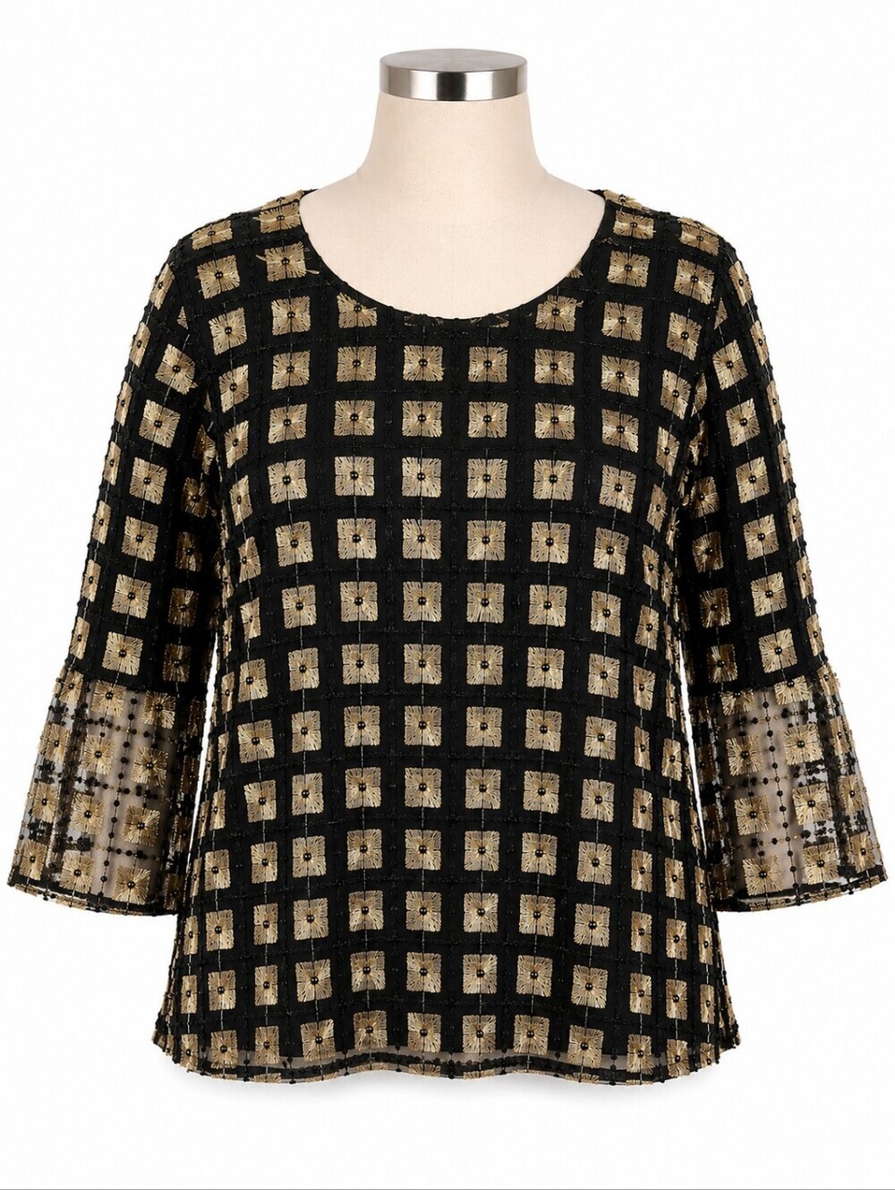 Calvin Klein Black & Gold 3D Nylon Mesh Bell Sleeve Top Sz M Career Event Party